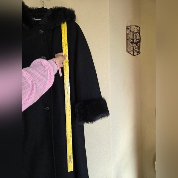 Vintage Black 100% Wool Penny Lane Style Faux Fur Coat Old Money Glamorous - Picture 3 of 9
